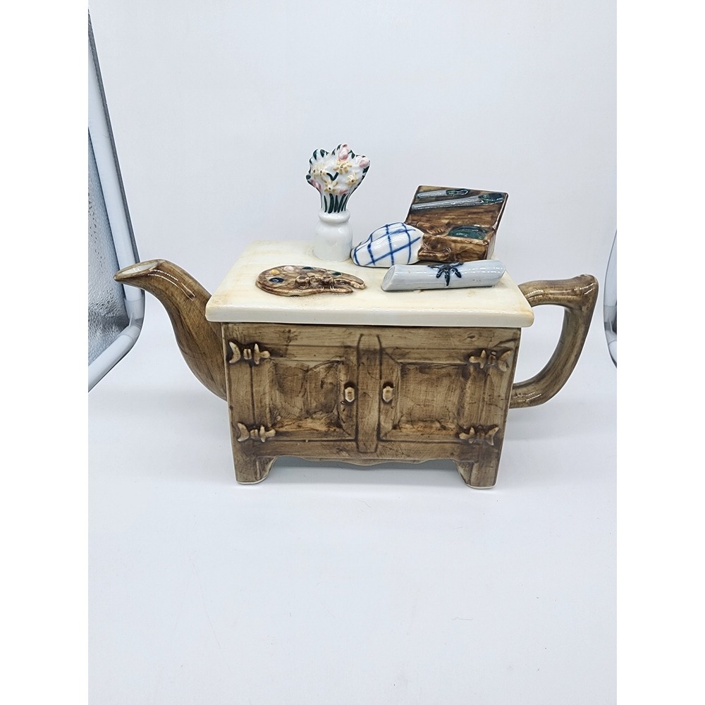 Vintage 80s Cardinal Ind Artist Workbench Novelty Teapot Ceramic Painter Flower